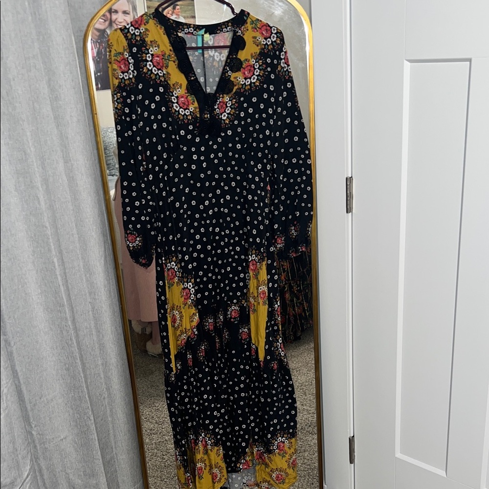 FARM Rio Black Floral Maxi Dress with Yellow Accents